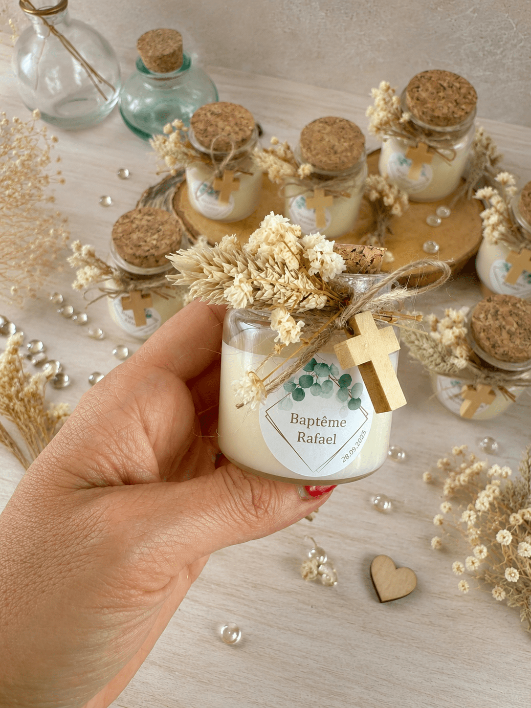 Bougie Baptême  & Anniversaire Enfant Personnalisée | Cire de Soja Naturelle & Fleurs Séchées