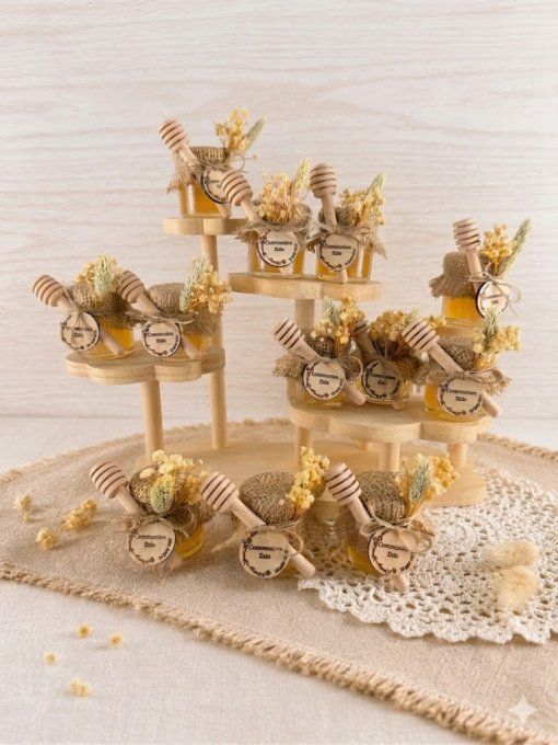 Pot de Miel Personnalisé Mariage & Baptême - Cadeau Invité avec Fleurs Séchées et Cuillère