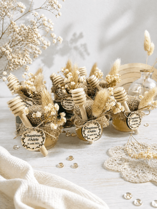 Pot de Miel Personnalisé Mariage & Baptême - Cadeau Invité avec Fleurs Séchées et Cuillère